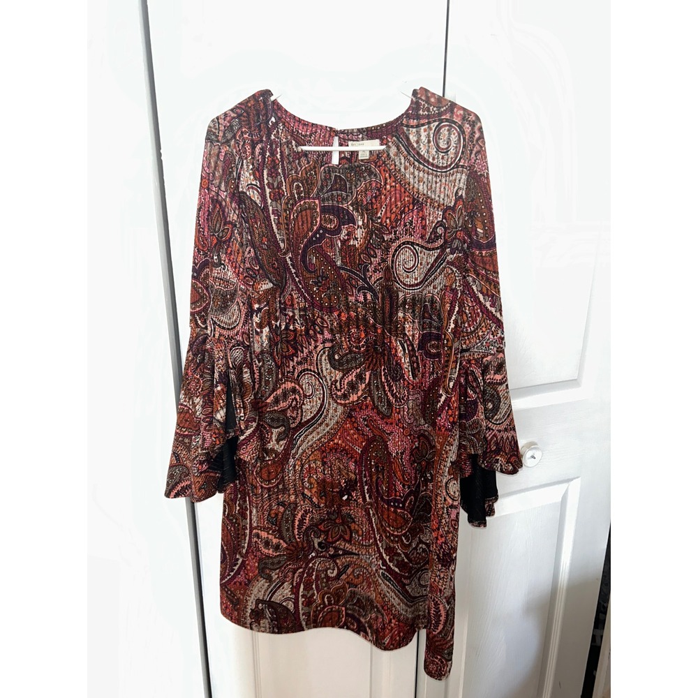 C. Est. 1946 Paisley Bell Sleeve Tunic Top Mini Dress XL Rust Burgundy Boho